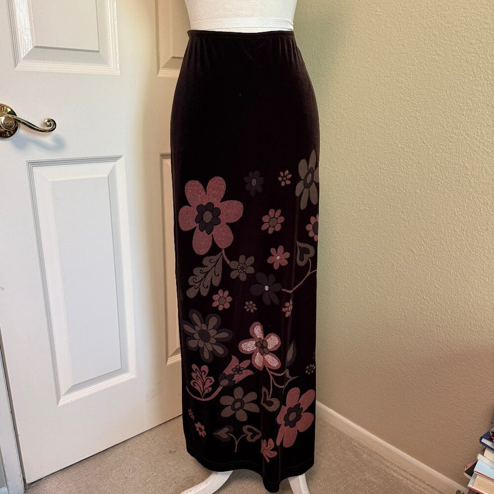 Express Maroon Stretch Velvet Floral Maxi Skirt M